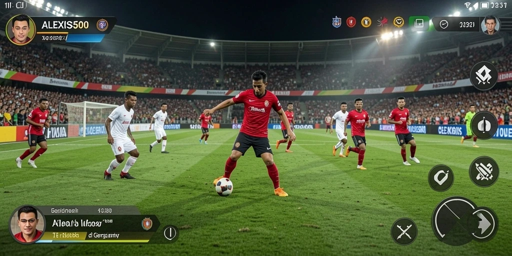 Tangkapan layar ALEXIS500 menunjukkan aksi seru dalam permainan sepak bola.